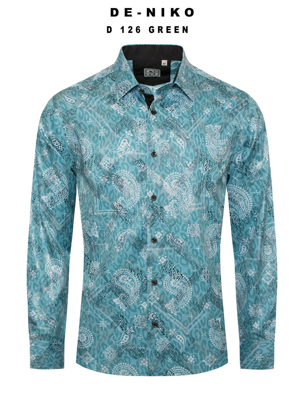 Mens De Niko Green Dress Shirt with Leopard Pattern and White Paisley Print. D-126