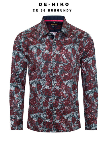 Mens De Niko Burgundy Dress Shirt with White Floral Pattern. CR-36