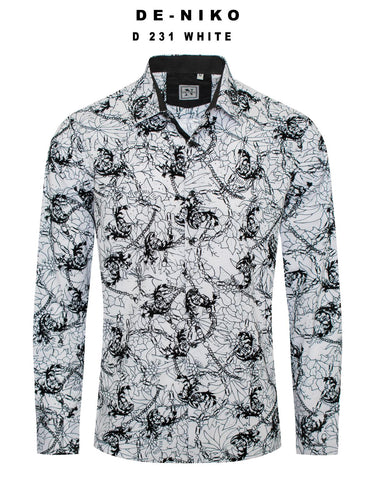 Mens De Niko White Dress Shirt with Black Floral Chain Pattern. D-231