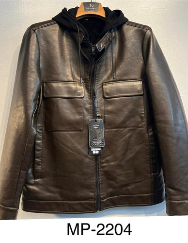 Mens De Niko Dark Brown Leather Double Zipper Jacket with Black Hoodie. Mp-2204