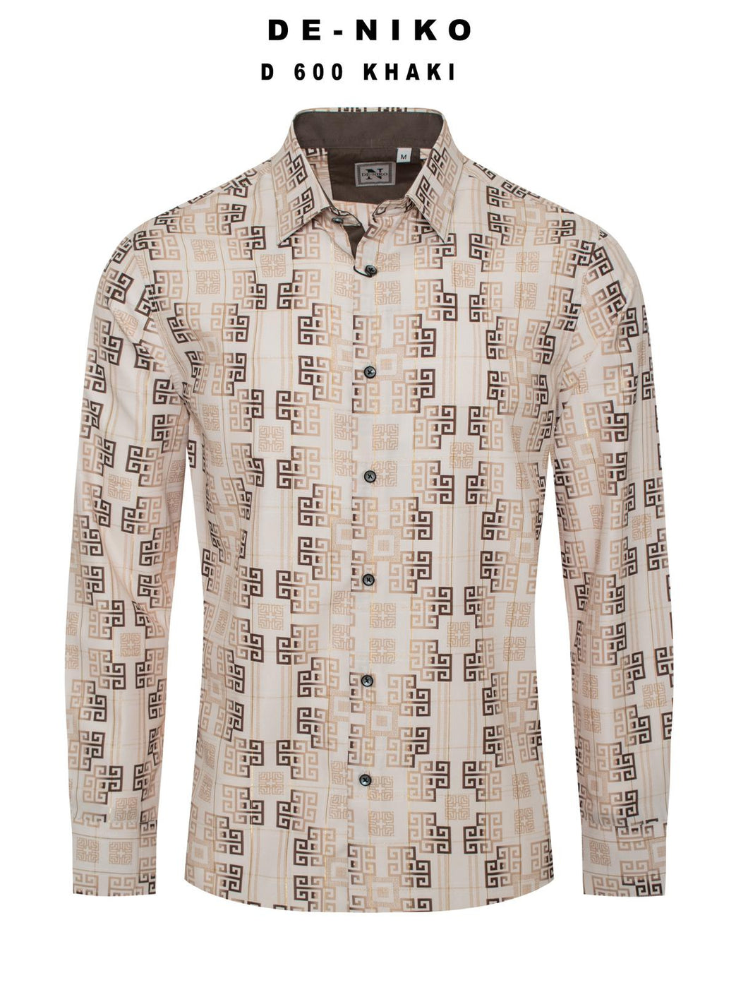 Mens De Niko Khaki Dress Shirt with Brown Bronze Greek Pattern. D-600